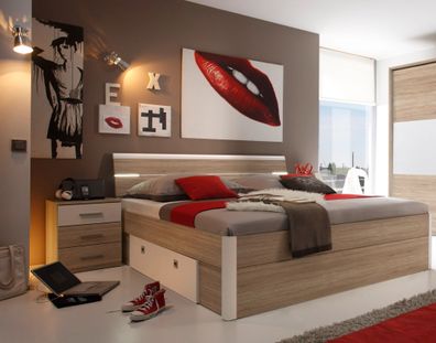 Doppelbett Nachtkommoden Bett 180 x 200 cm Ehebett Eiche sonoma weiß Schublade