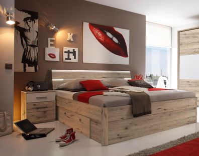 Doppelbett Nachtkommoden Bett 180 x 200 cm Ehebett sandeiche weiß Schublade