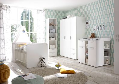 Babyzimmer-Set BIBO 5tlg Wickelkommode Regal Babybett Kleiderschrank 3trg weiß