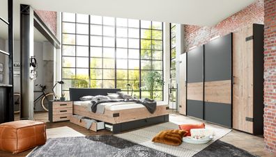 Schlafzimmer Komplett Set 4-tlg. Stockholm Bett Kleiderschrank grau braun