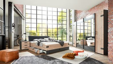 Schlafzimmer Komplett Set Stockholm Bett Kleiderschrank 272cm Spiegel graubraun