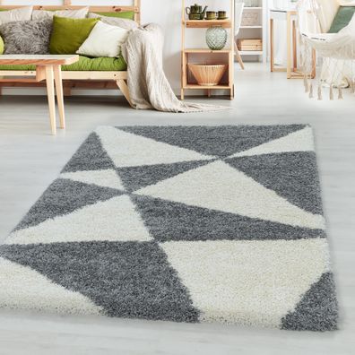 Hochflor Design Teppich Wohnzimmerteppich Muster Abstrakte Dreiecke Grau