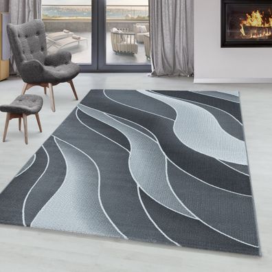 Wohnzimmerteppich Kurzflor Design Teppich 3-D Wellen Muster Soft Flor Grau
