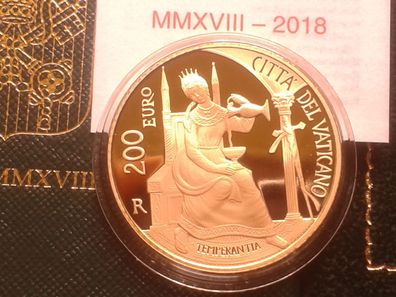 200 euro 2018 PP Vatikan Kardinaltugenden Mässigung Gold - 499 Stück SELTEN 40g Gold