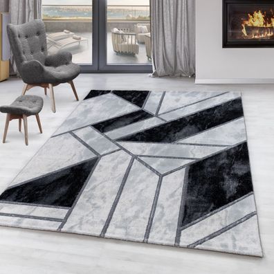 Wohnzimmerteppich Kurzflor Design Teppich Marmor Muster Abstrakt Linien Silber