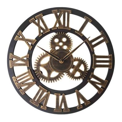 Retro hölzerne runde einseitige Zahnraduhr römische Ziffern-Wanduhr-40cm (golden)