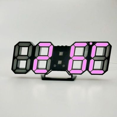 6609 3D-Stereo-LED-Wecker, Wohnzimmer, 3D-Wanduhr, schwarzer Rahmen, rosa Licht