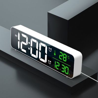 USB Elektronische Uhr LED Spiegel Wecker Desktop Wand Musik Ewiger Kalender Uhr (Wei