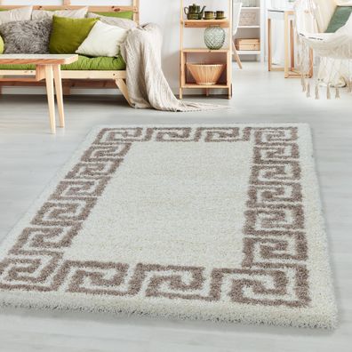 Hochflor Design Teppich Wohnzimmerteppich Muster Antike Bordüre Farbe Beige