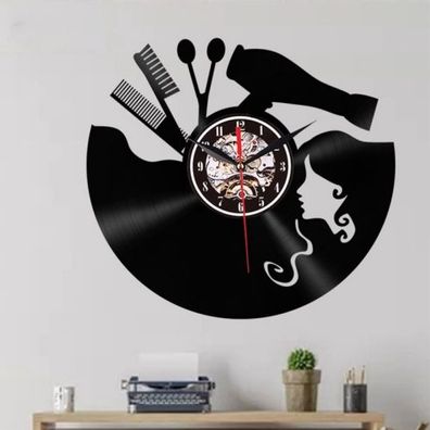 12-Zoll-Vinyl-Schallplatten-Wanduhr, Haarschnitt-Mädchen, 3D-Retro-Uhr, Wohnzimmer-De