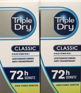 Triple Dry Classic Deo Roller - 72 h Schutz- parfümfrei - 2 x 50 ml