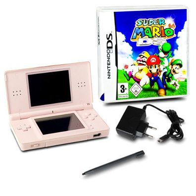 DS Lite Handheld Konsole rosa #74A + ähnliches Ladekabel + Spiel Super Mario 64