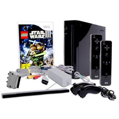 Nintendo Wii Konsole in Schwarz + alle Kabel + 2 Nunchuk + 2 Fernbedienungen + ...