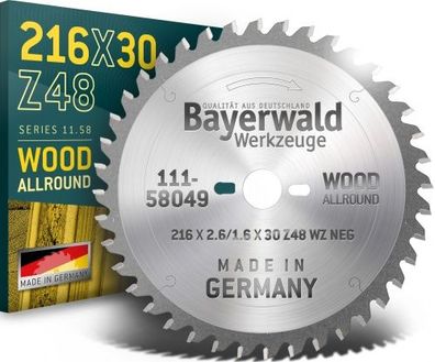 Bayerwald - HM Kreissägeblatt für Holz - Ø 216 mm x 2.6 mm x 30 mm | WZ negativ