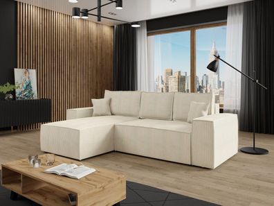 Ecksofa Malaga L-Form Cord mit Bettkasten und Schlaffunktion Elegante Couch