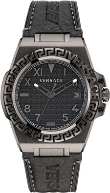 Versace VE3I00322 Greca Reaction grau schwarz Leder Armband Uhr Herren NEU