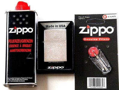 Zippo Klassiker Chrom gebürstet+ Zippo Benzin + ZiPPO Zündsteine + Verpackung
