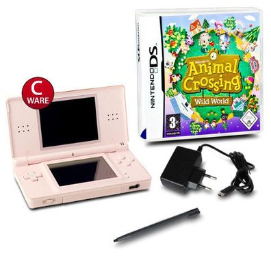 DS LITE Konsole in ROSA #74C + ähnl Ladekabel + Spiel ANIMAL Crossing WILD WORLD