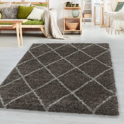 Hochflor Design Teppich Wohnzimmerteppich Muster Raute Flor Weich Farbe Taupe