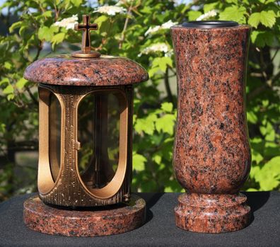 Grablaterne mit Vase aus Granit Vanga bronzefarben Grab-Licht Grabschmuck
