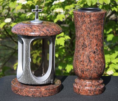 Grablaterne mit Vase aus Granit Vanga bronzefarben Grab-Licht Grabschmuck Grabdeko