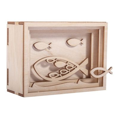 Spardose Holz 3D Geschenkbox Fisch Taufe Kommunion Konfirmation 11, 5x8, 5x5cm