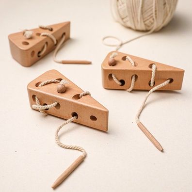 Fädelspiel Holz Käse Maus als Faden Spielzeug Kinder ab 2 Jahren Massiv Buchenho