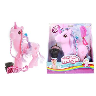 Rosa Einhorn Spielzeug mit Kamm und Trinkeimer Pferd