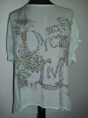 D.X.R. Moda Damen Shirt mint Batik-Druck Dream Live-Motiv mit Straß-Glitzer 40-44