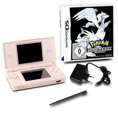 DS Lite Handheld Konsole rosa #74A + Kabel + Spiel Pokemon schwarze Edition