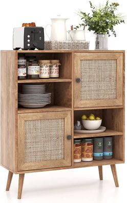80x29,5x97cm Sideboard Holz, Kommode mit 4 Fächern & 2 Türen, Anrichteschrank Rattan