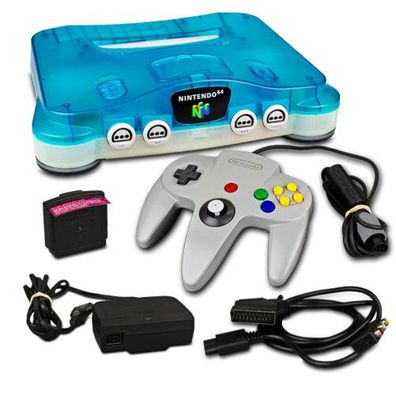 N64 Konsole in Transparent Blau Weiss + alle Kabel + Jumper Pak + Controller