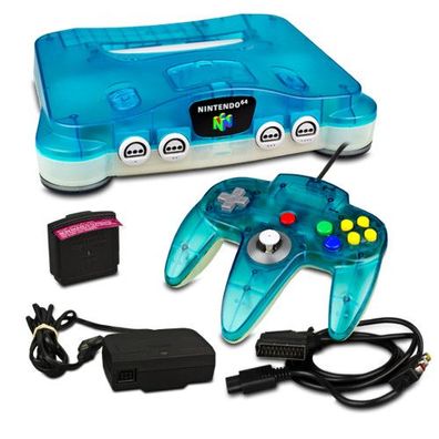 N64 Konsole Transp Blau Weiss+ Kabel + Jumper Pak + Controller Transp Blau Weiss