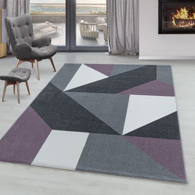 Wohnzimmerteppich Kurzflor Teppich Lila Grau Muster Geometrisch Modern Weich