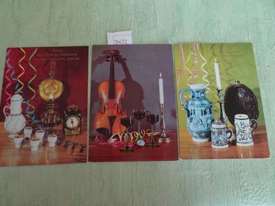 3 alte Postkarten AK gutes Neues Jahr Bembel Krüge Geige Karaffe im Stil alter Zeit