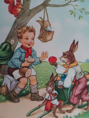 alte Postkarte AK FFV Ostergrüße Ostern Osterhase Junge Picknick