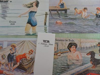 4 alte Postkarten Tecta Reprint 1977 KF Badespaß Bademode Horvath Trietz... R054