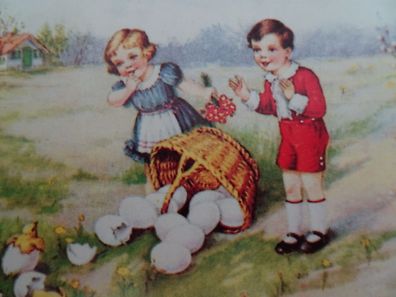 alte Postkarten AK Kellemes husveli ünnepeket Frohe Ostern Kinder Küken schlüpfen