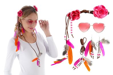 Hippie Set 4tlg. Brille Haarband Kette Ohrringe tolle Farben Karneval Festival