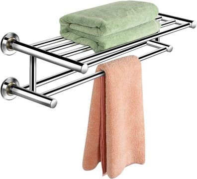Handtuchablage aus Edelstahl, Badetuchstange mit 2 Ablagen und 6 Stangen, Badregal
