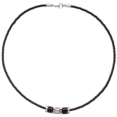 Echt. Chic. Collier Halskette Leder schwarz mit Edelstahl und Holz 45 cm Kett
