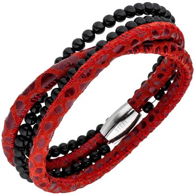 Echt. Chic. Armband Leder rot mit Onyx Kugeln und Edelstahl 19 cm
