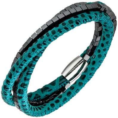 Echt. Chic. Armband Leder türkis mit Hämatit Würfeln und Edelstahl 19 cm