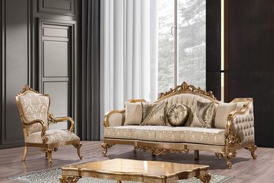 Goldene Couch Klassische Sofagarnitur Polster Möbel 3 + 1 Couchtisch Stoff