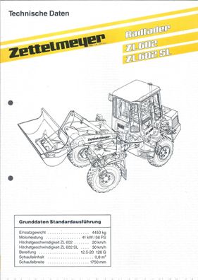 Zettelmeyer Radlader ZL 602; ZL 602 SL Technische Daten (1990)