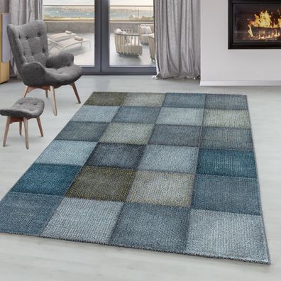 Kurzflor Teppich Blau Grau Modernes Quadrat Pixel Muster Wohnzimmerteppich Weich