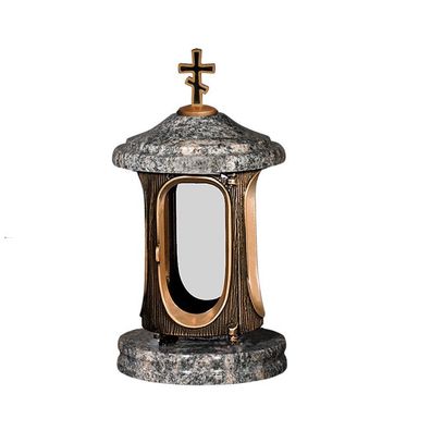 Grablampe Grablaterne gold mit Orthodoxem Kreuz aus Granit Himalaya