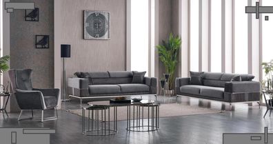 Luxus Sofagarnitur 3 + 3 + 1 Sitzer Wohnzimmer Set Grau Sofa Textil Möbel Neu