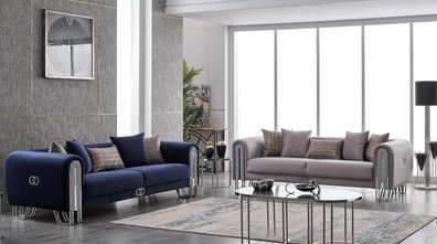 Samt Couch Silber Luxus Sofagarnitur 3 + 3 Sitzer Couchen Sofa 2tlg.