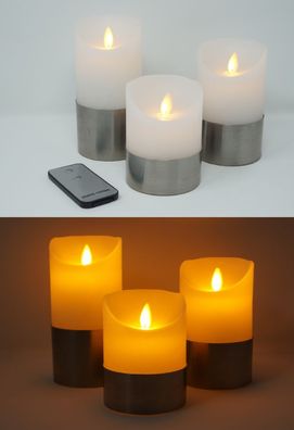LED echtwachs Stumpenkerze 3er Set weiß mit Silberring Kerzen mit Fernbedienung